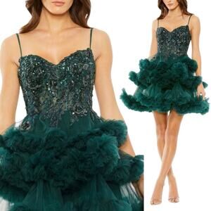 Mac Duggal NWT Green Thin Strap Beaded Bodice Tiered Tulle Mini Dress Size 8